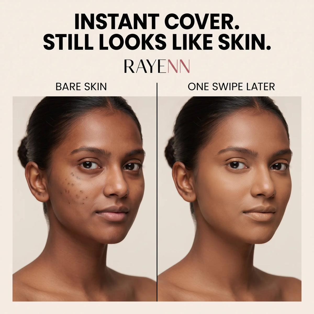 Instant cover, still looks like skin — bare skin vs one swipe later